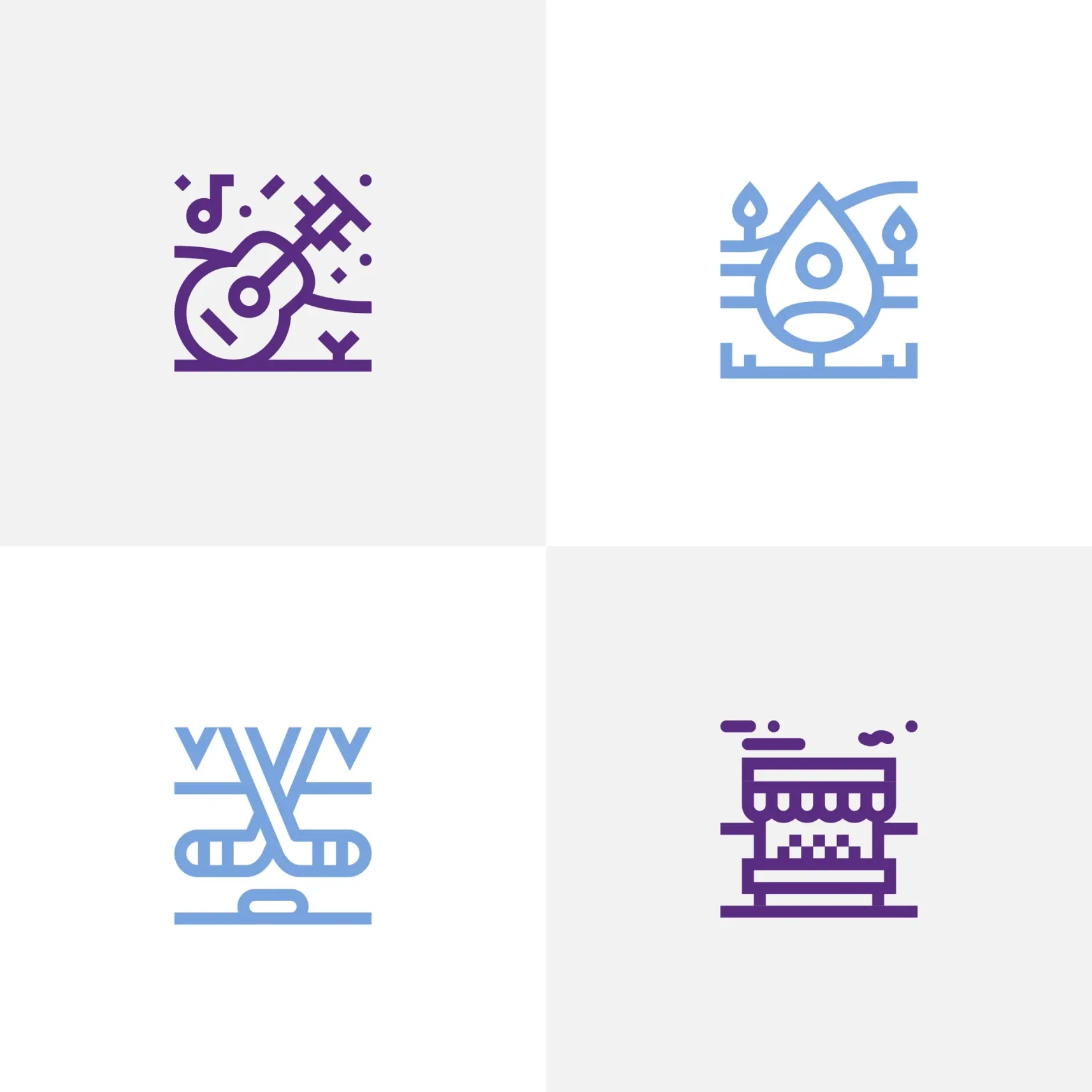 Vier minimalistische Symbole in Lila und Blau auf hellem Raster