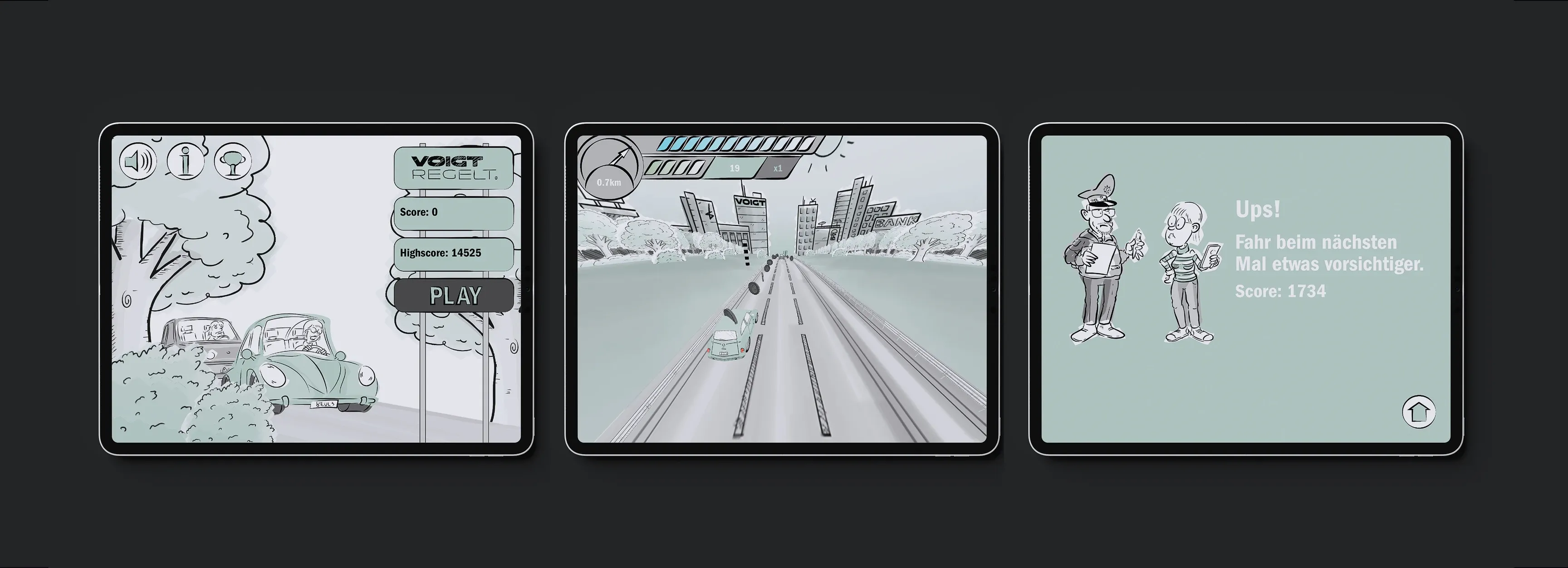 Drei Screenshots eines monochromen Comic-Autorennspiels: Startmenü, Fahrt auf der Autobahn und Fehlermeldung