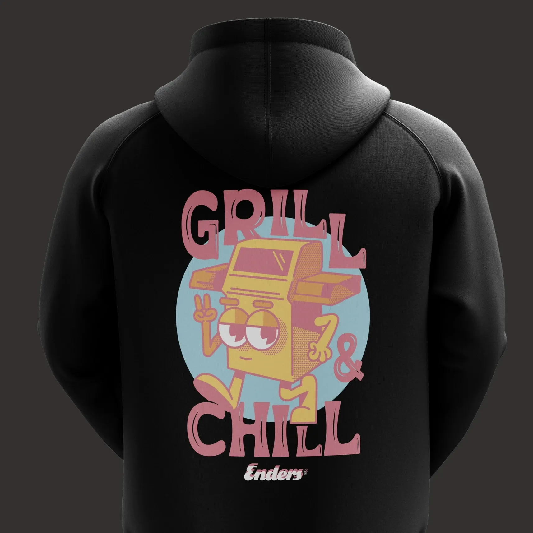 Schwarzer Hoodie mit Rückendruck „GRILL & CHILL“ und Cartoon-Grillfigur