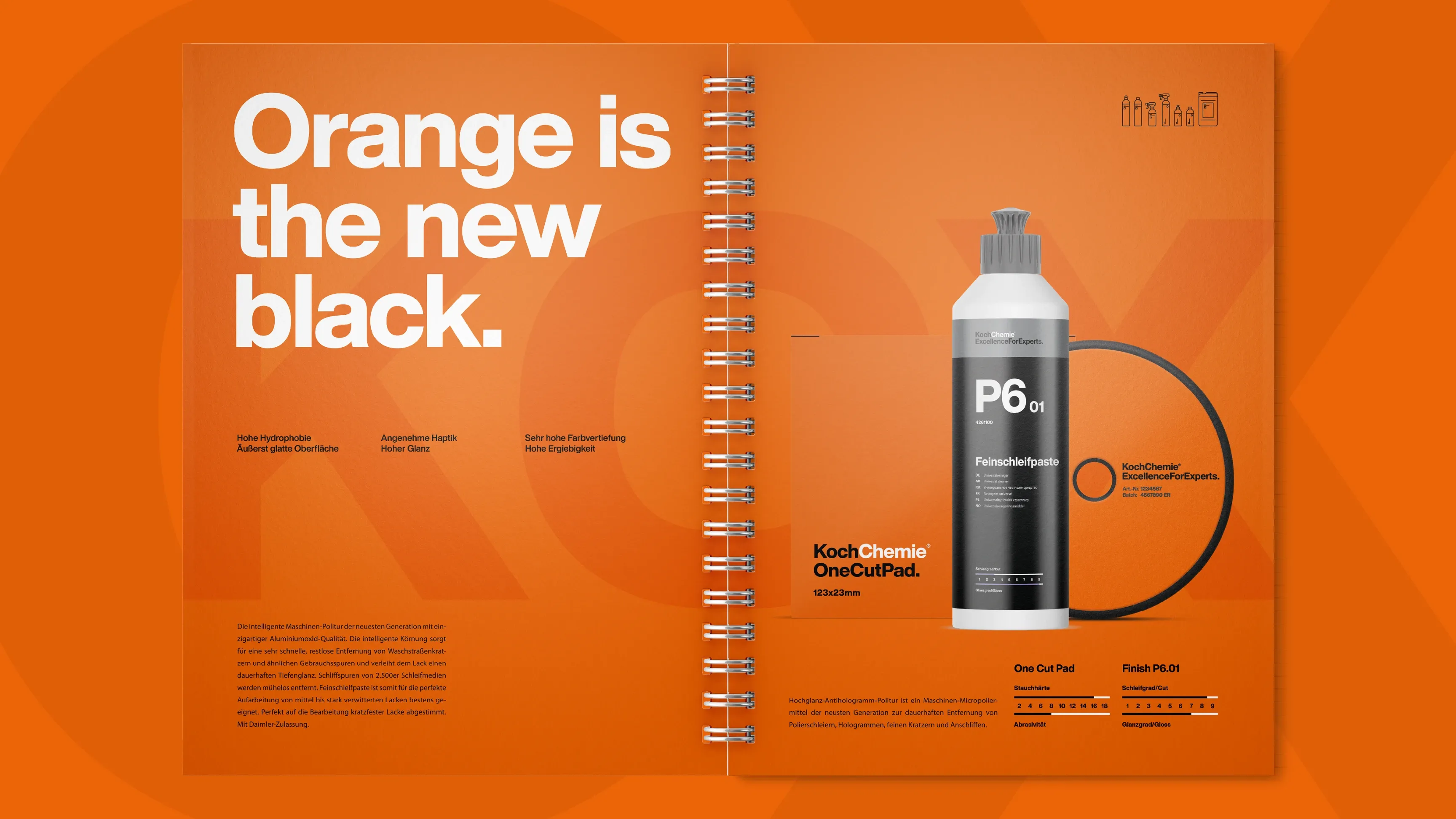 Orangefarbene, spiralgebundene Magazin-Doppelseite mit dem Slogan "Orange is the new black" und einer Produktanzeige: graue Koch‑Chemie P6-Politurflasche neben OneCutPad