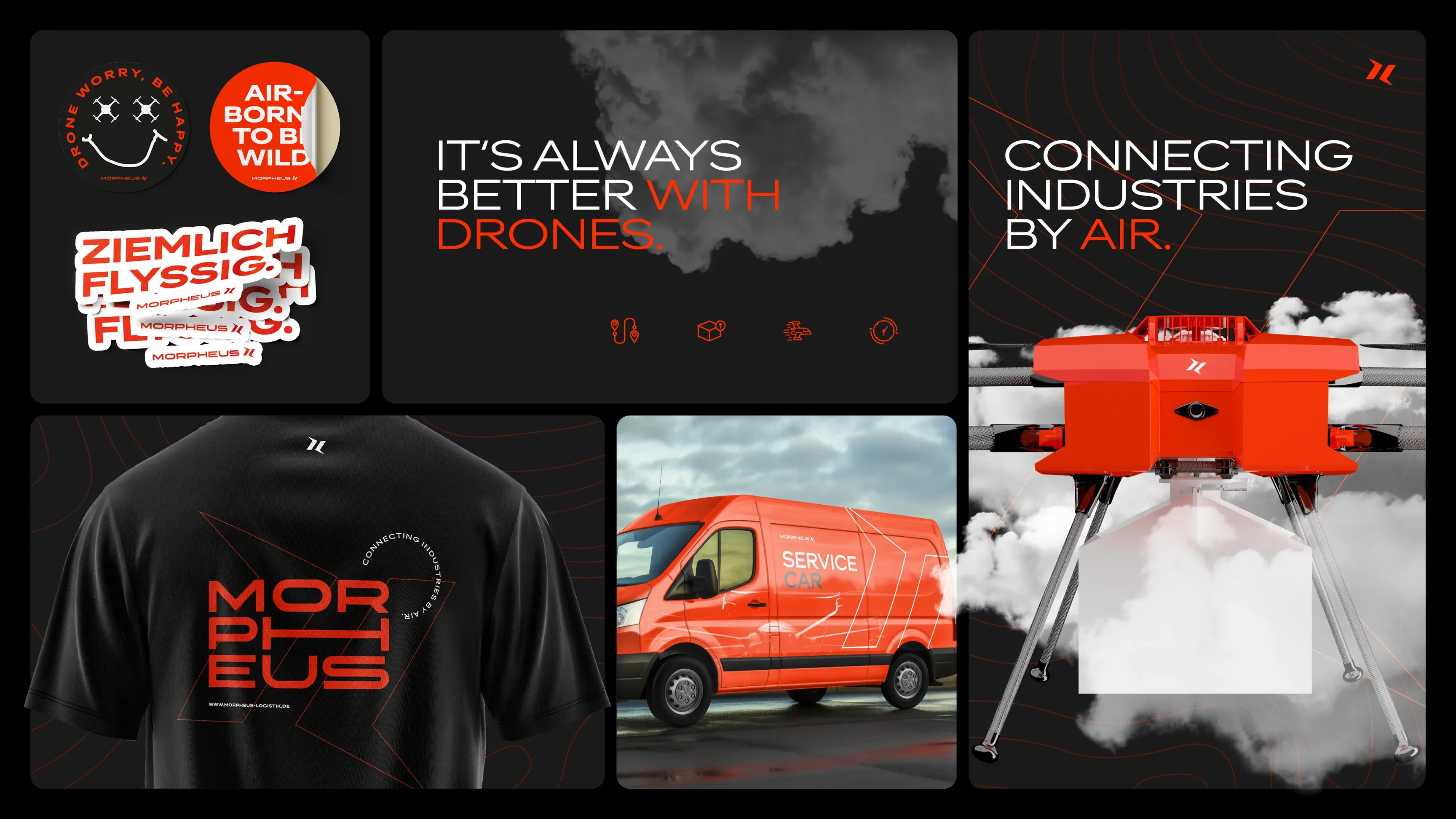 Collage mit Drohnen-Branding: orangefarbene Drohne, orange Service‑Van, schwarzes T‑Shirt „MORPHEUS“, Sticker und Slogans wie „It’s always better with drones“