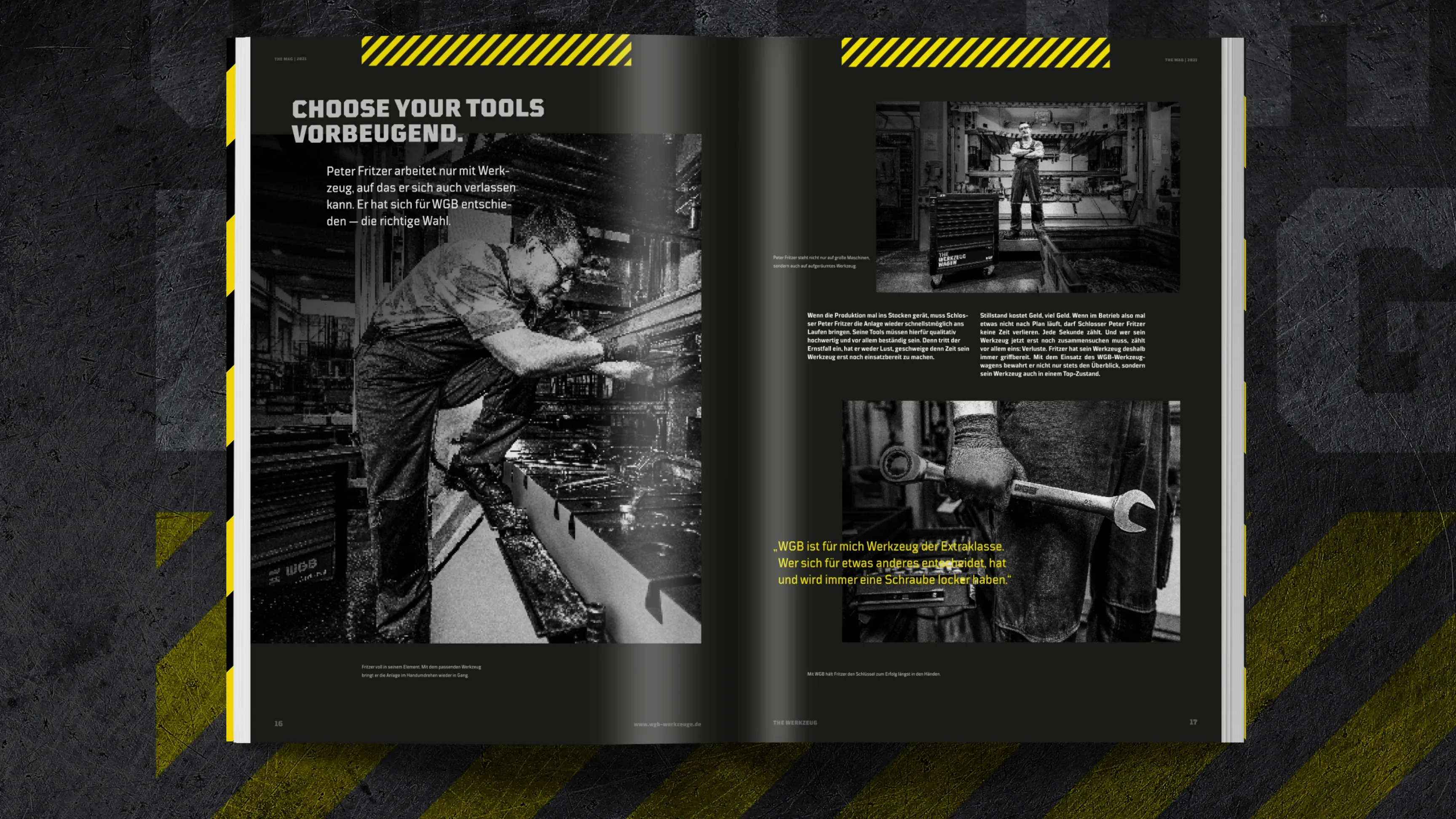Aufgeschlagenes Magazin mit Schwarz-Weiß-Fotos von Werkstattarbeitern, gelb‑schwarzen Warnstreifen und der Überschrift „CHOOSE YOUR TOOLS“