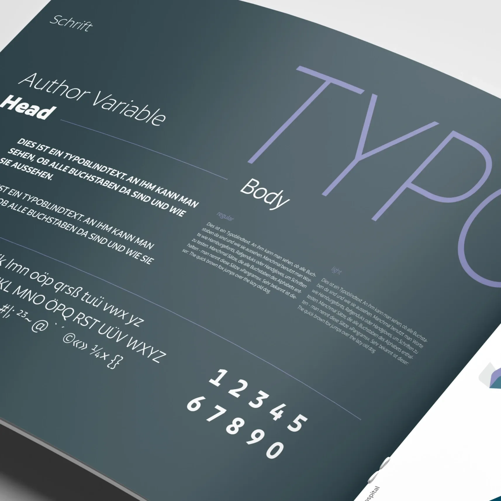 Aufgeschlagenes Magazin mit Typografie-Styleguide, großem „TYPO“ und Schriftmustern mit Alphabet und Zahlen