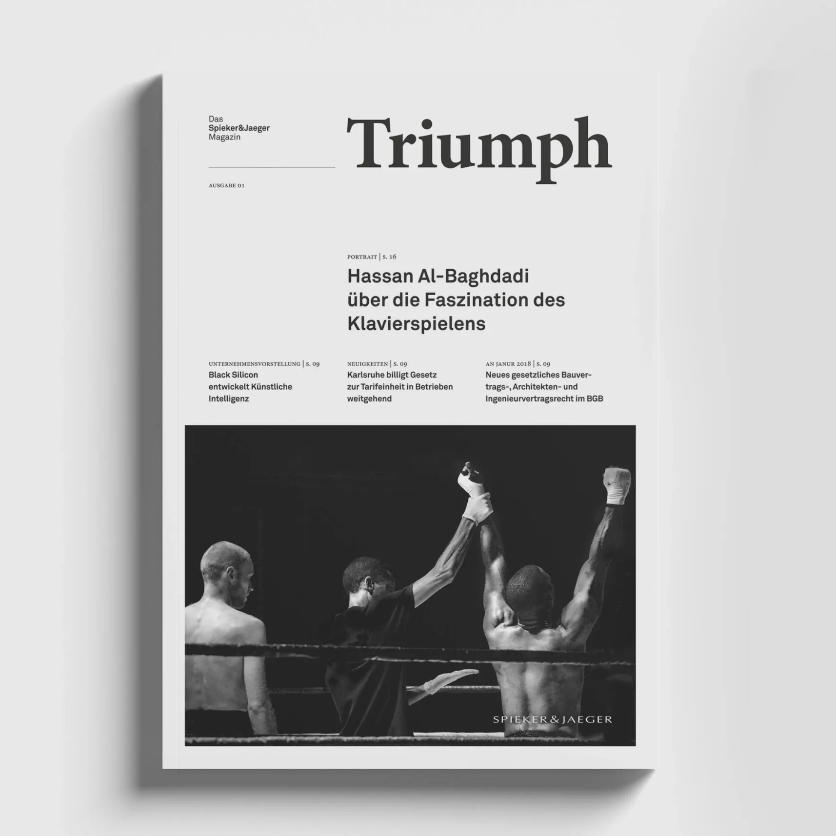 Magazincover mit Titel „Triumph“ und Schwarz-Weiß-Foto eines Boxkampfs: Ringrichter hebt den Arm eines Boxers, ein weiterer steht daneben